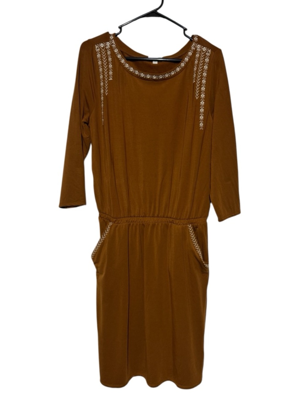 Garnet Hill Brown Embroidered Dress‎ Size Small Knit Western Boho Stretch Comfy
